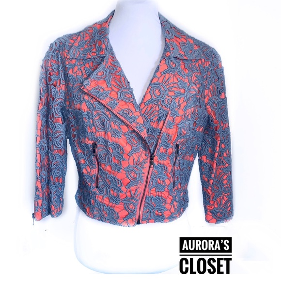 Darling M Gray Lace Moto Jacket Crop 3/4 Sleeve - Picture 2 of 4